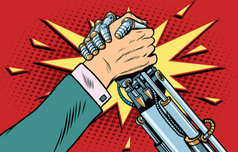 man arm wrestling robot arm