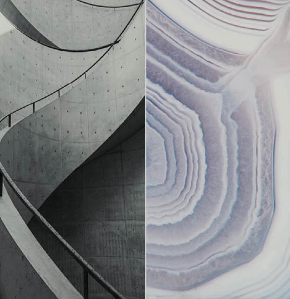 Half an image of a grey swirl stairway and half an image of top down view of a purple abstract canyon 