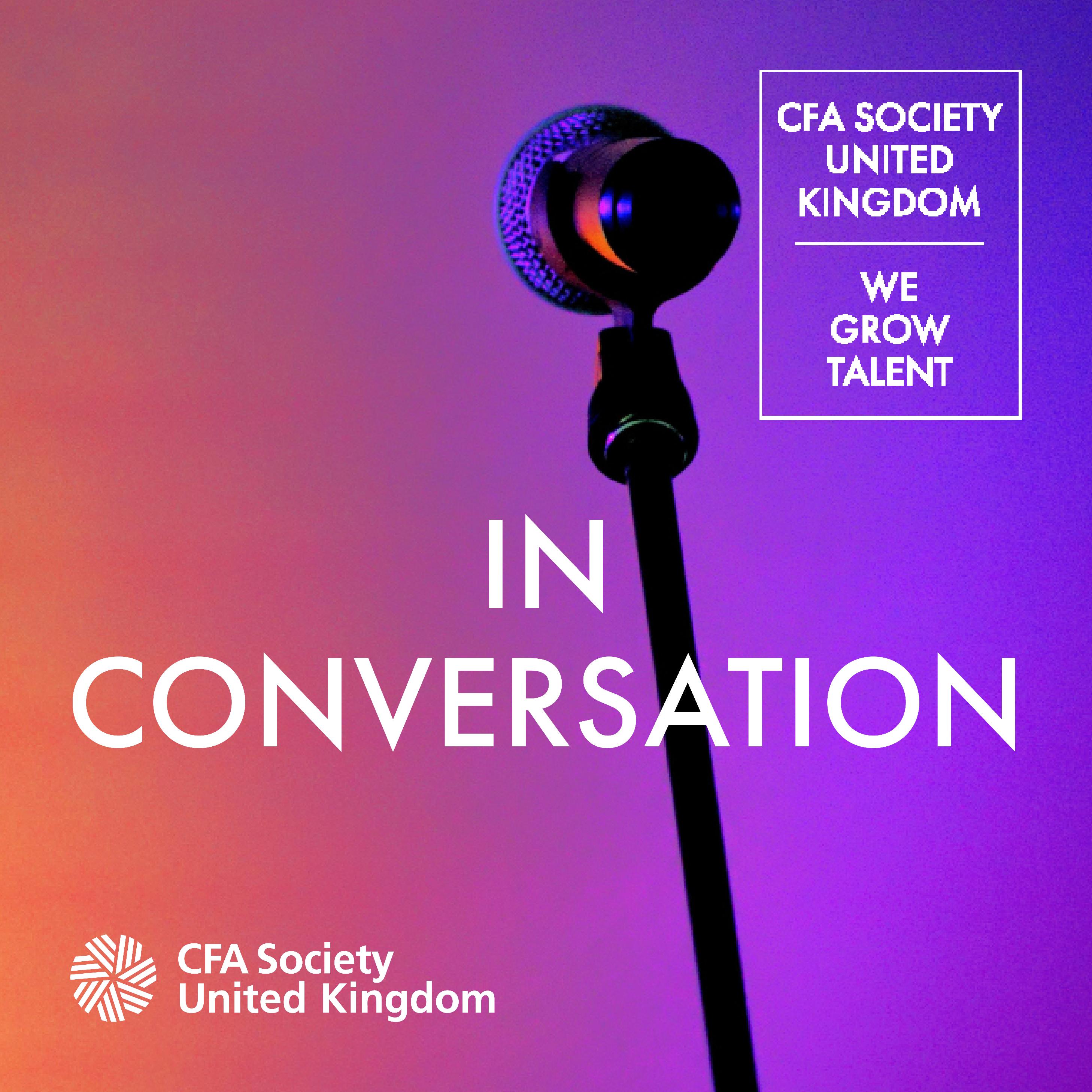 Microphone with text in front In Conversation with the CFA UK logo and the We Grow Talent Stamp