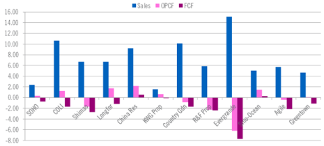 Chinese property developers: revenues, operating cash flow and free cash flow (2013)