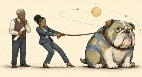 Two people try and walk a very large dog