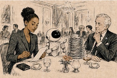 Two people at a dining table are joined by a robot