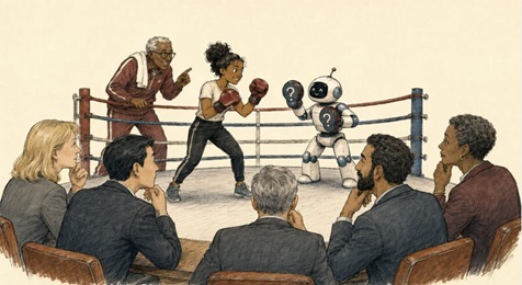 A woman boxing an AI robot